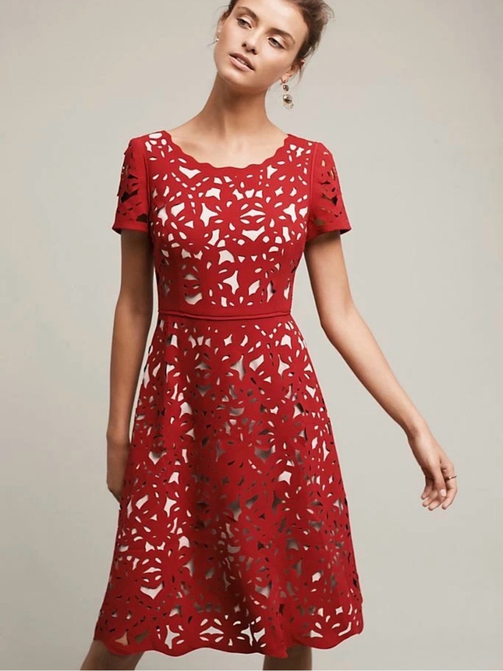 ANTHROPOLOGIE Aliz Dress by Moulinette Soeurs Red Laser Cut Wedding Size 0